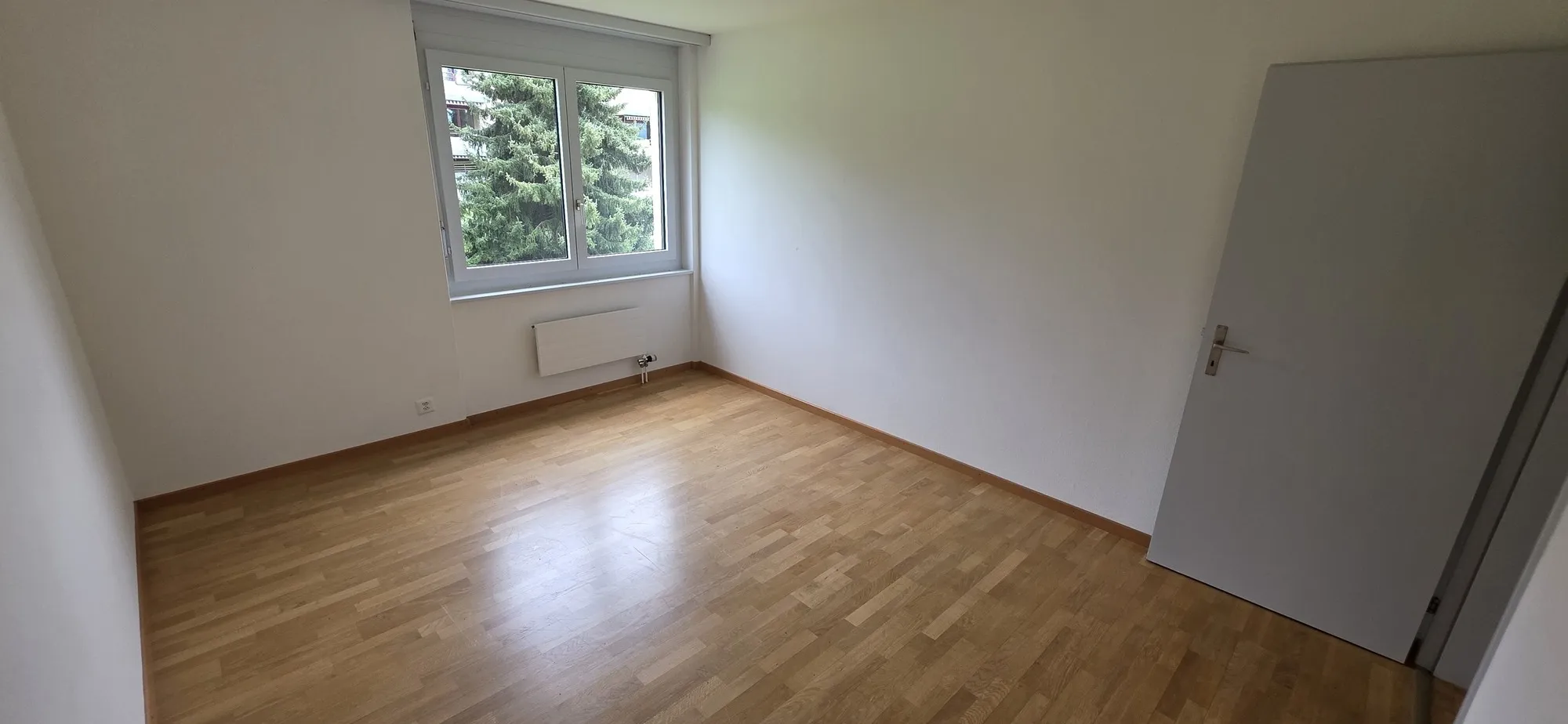Leerer heller Raum mit Parkett und Fenster