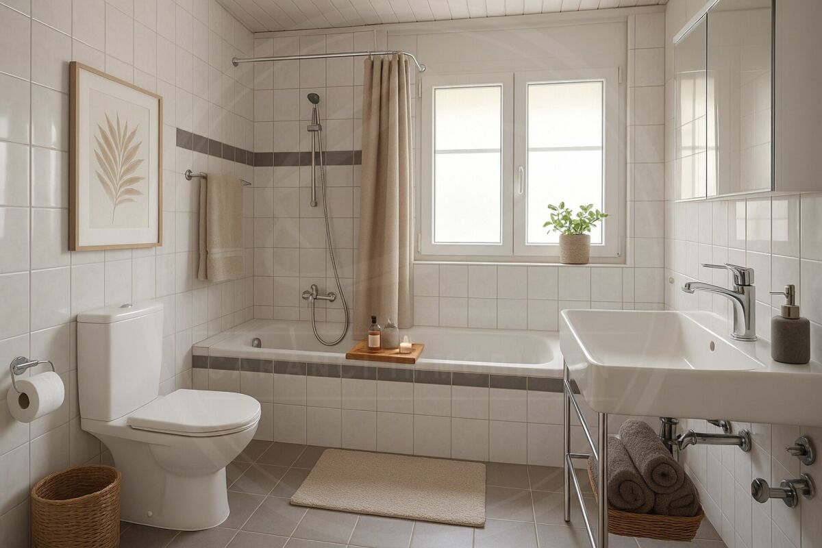 Helles, modernes Badezimmer mit Badewanne und Waschbecken