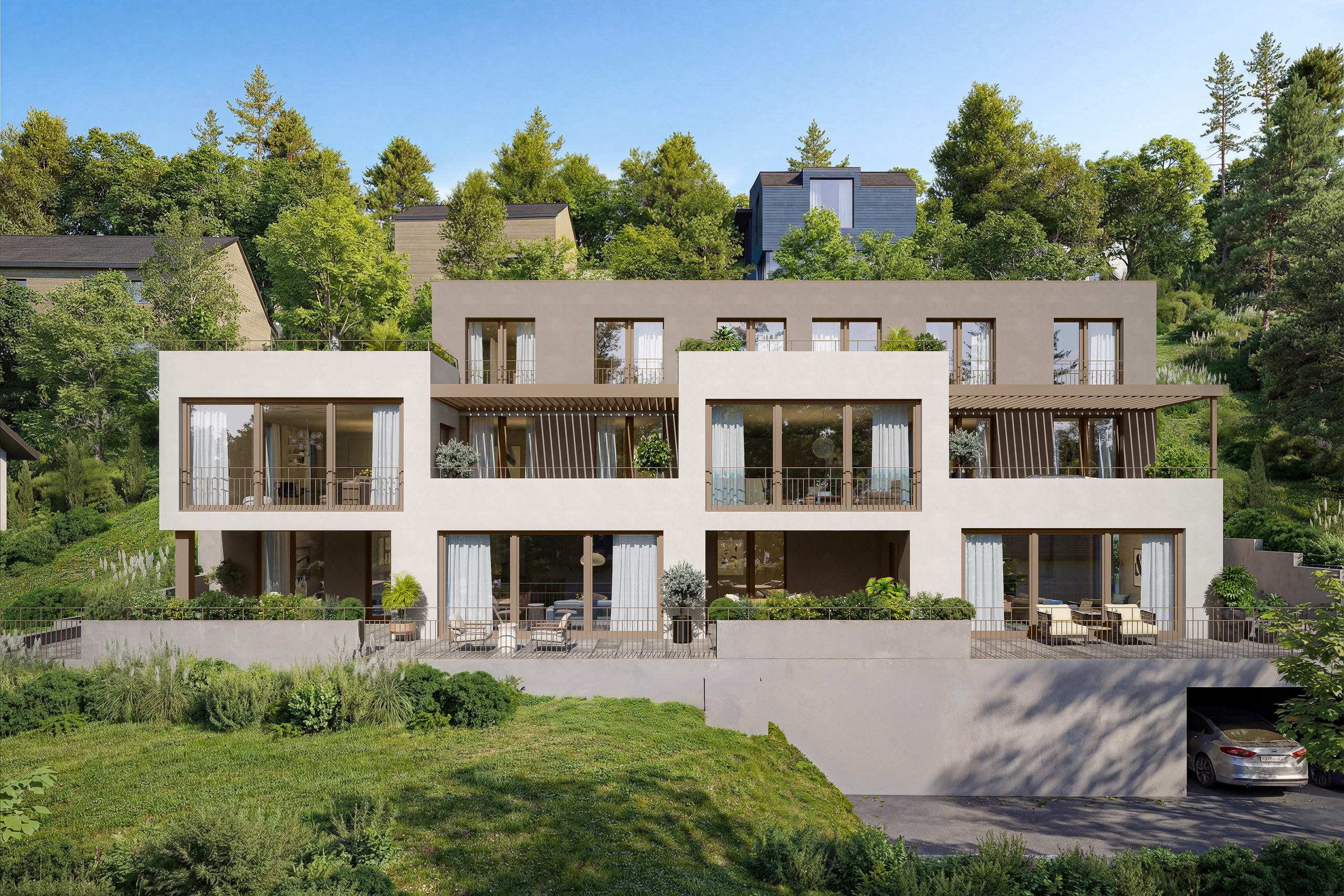 Moderne Terrassenwohnanlage in grüner Hanglage