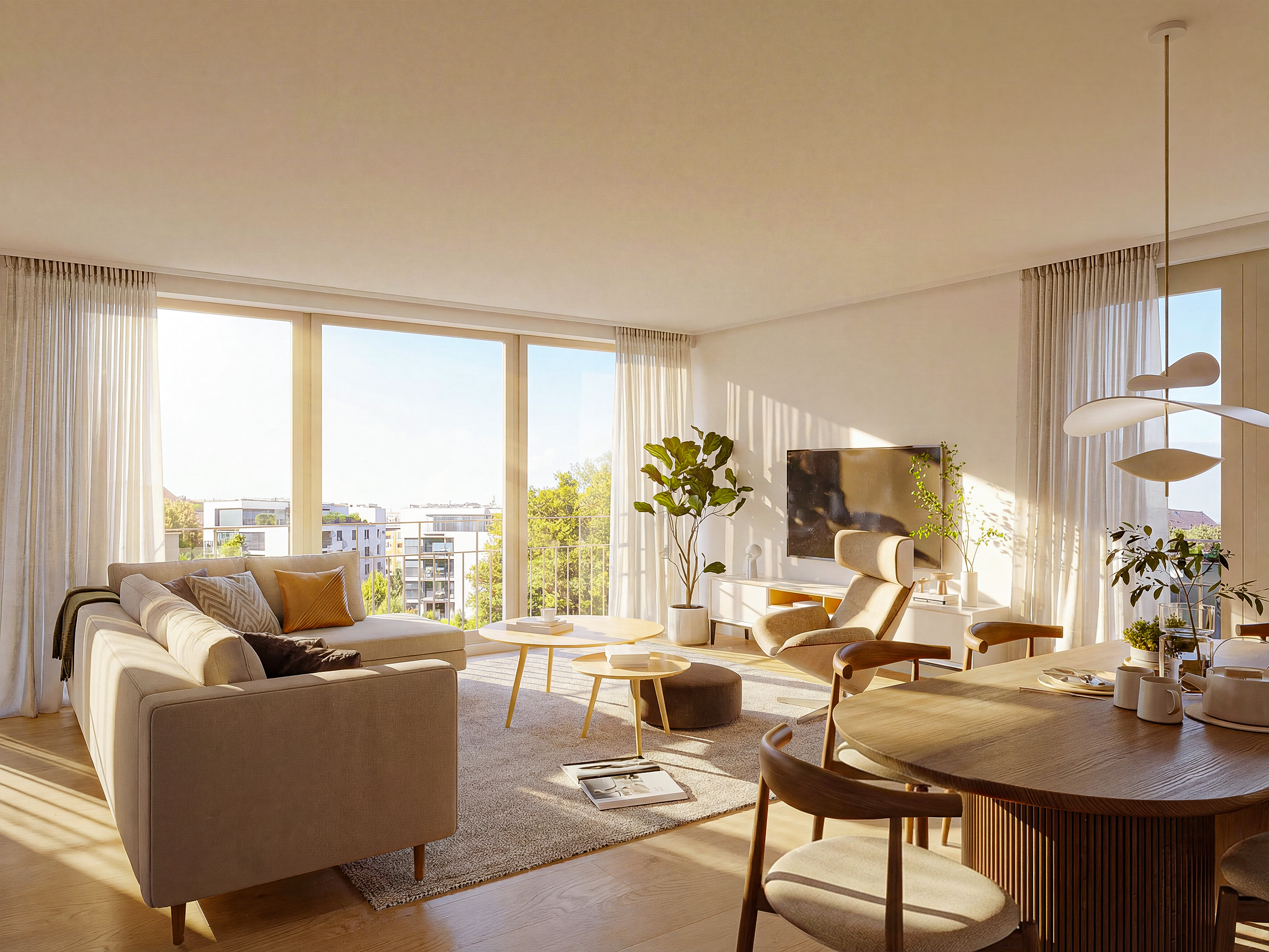 Helles, modernes Wohnzimmer mit Essbereich