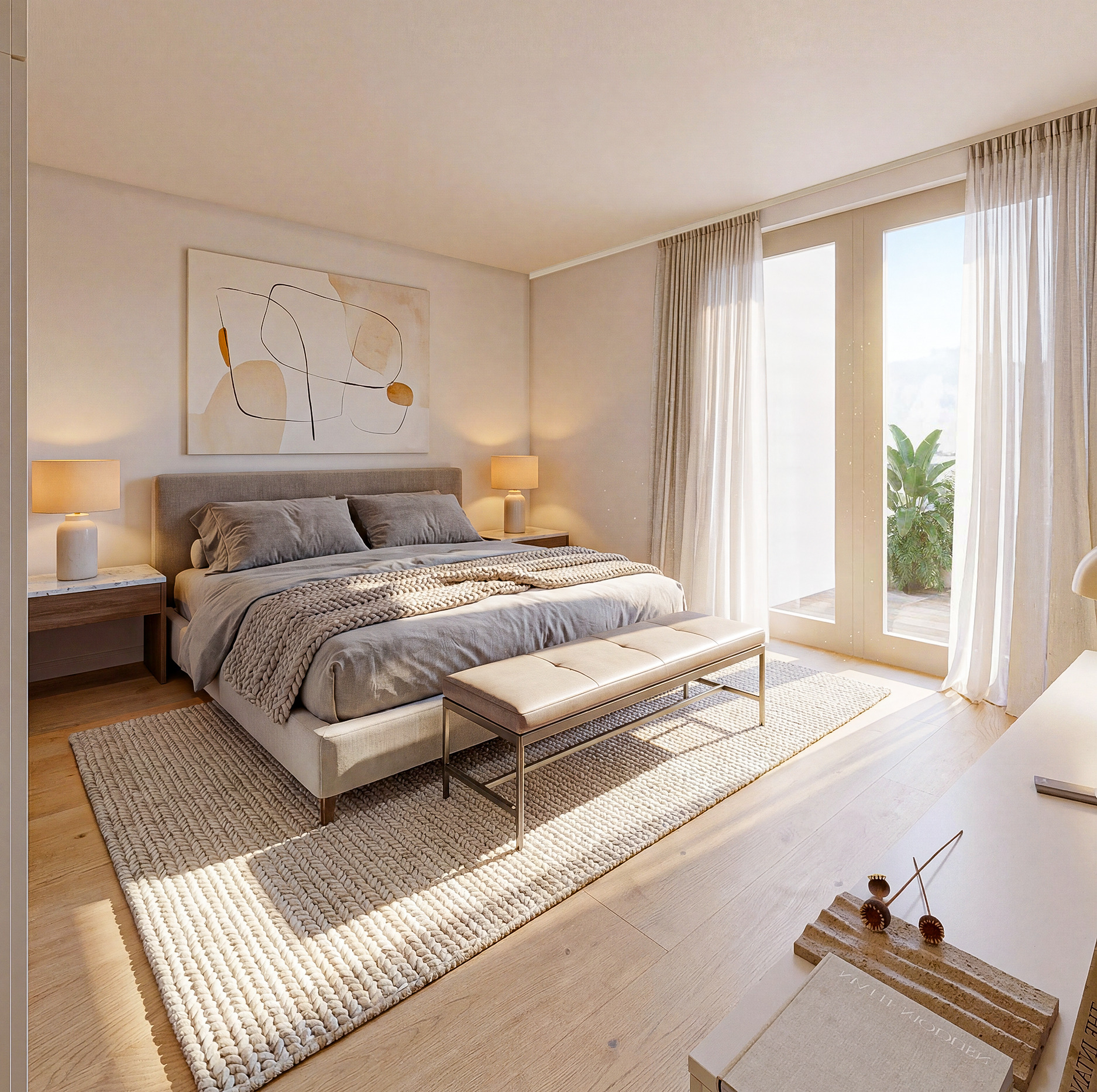 Helles, modernes Schlafzimmer mit bodentiefen Fenstern