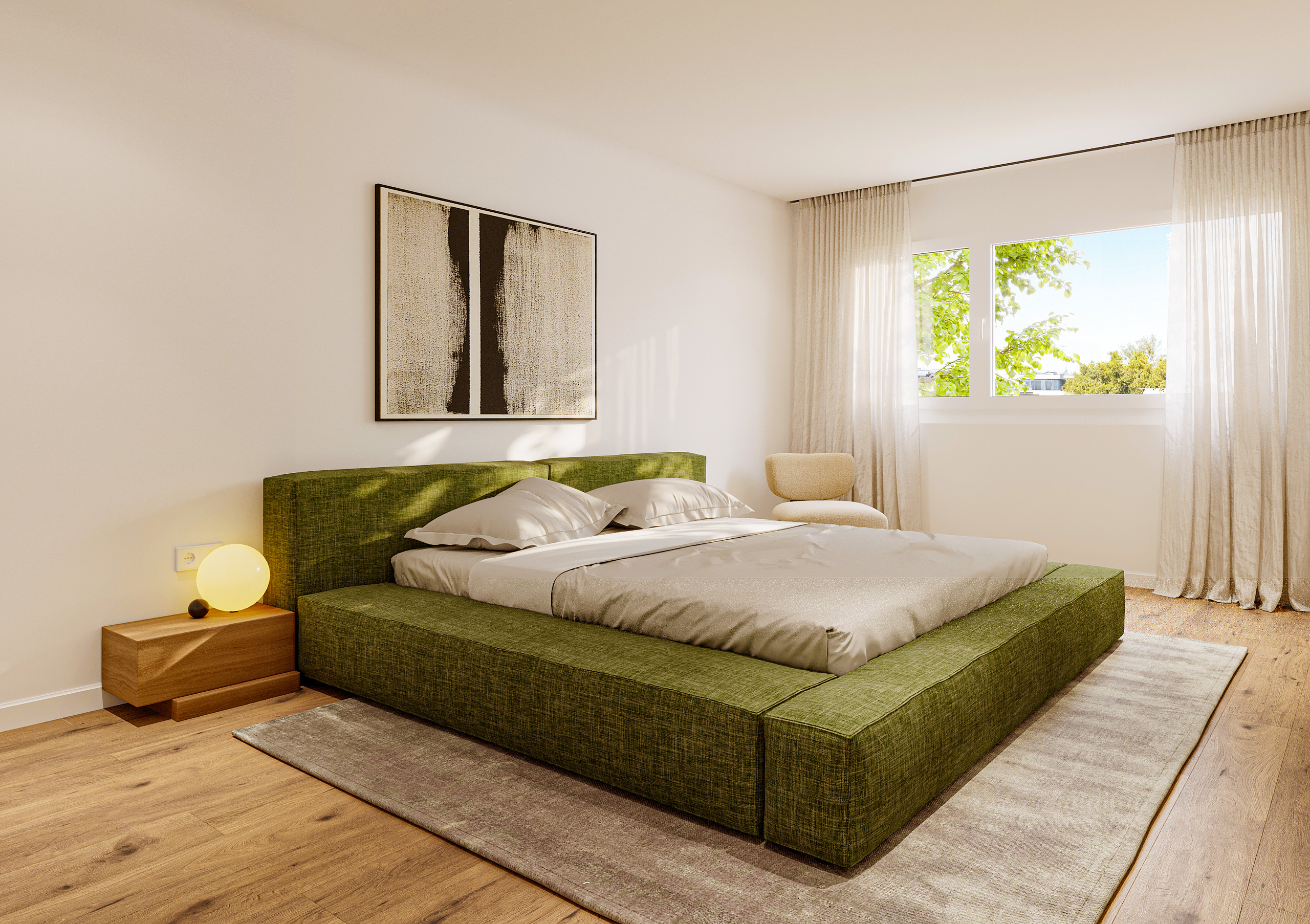 Modernes Schlafzimmer mit grünem Polsterbett