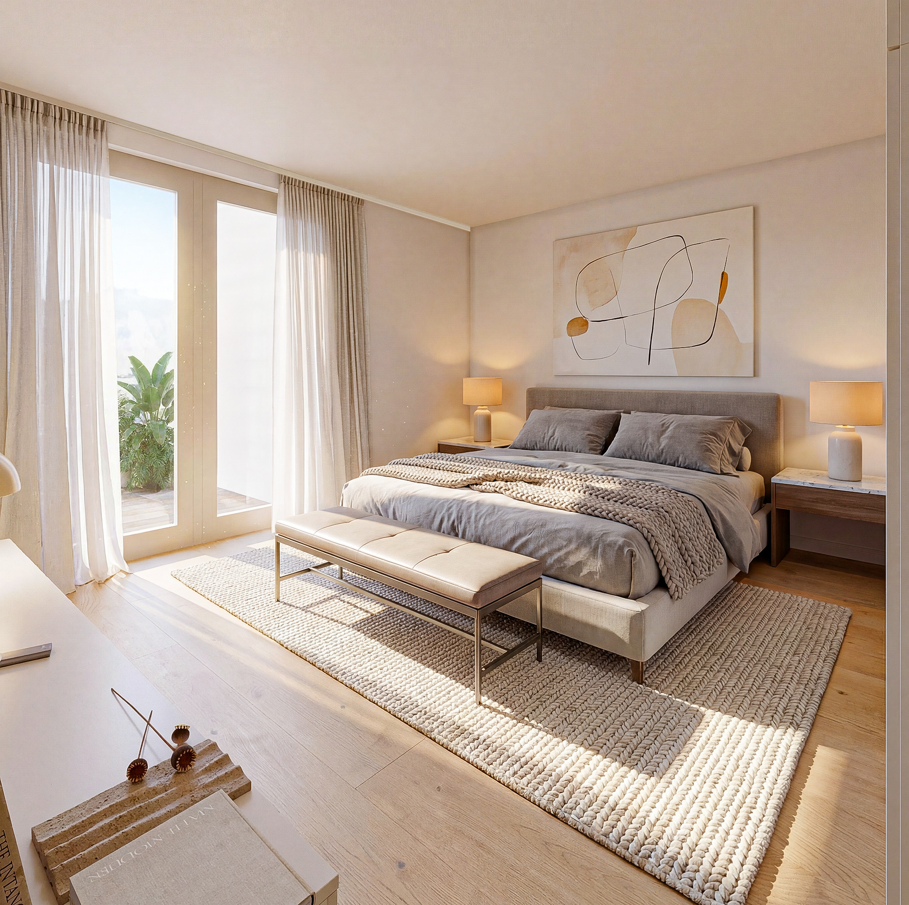 Helles Schlafzimmer mit minimalistischer Einrichtung
