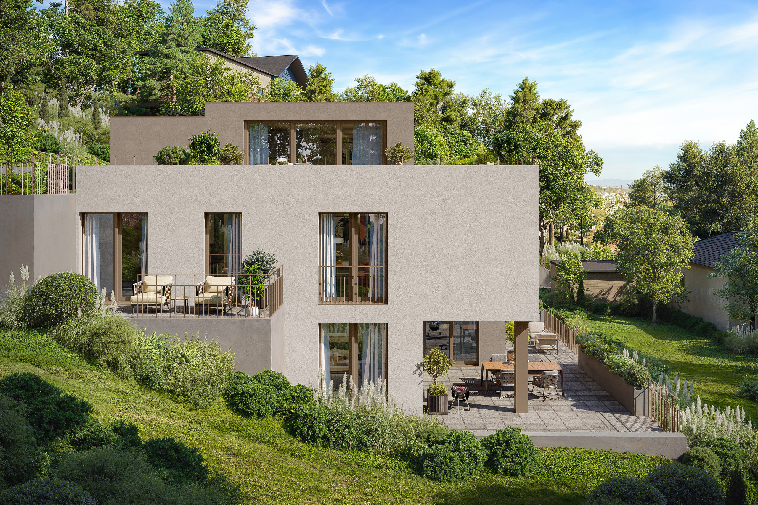 Moderne Villa mit Terrassen und Gartenhanglage