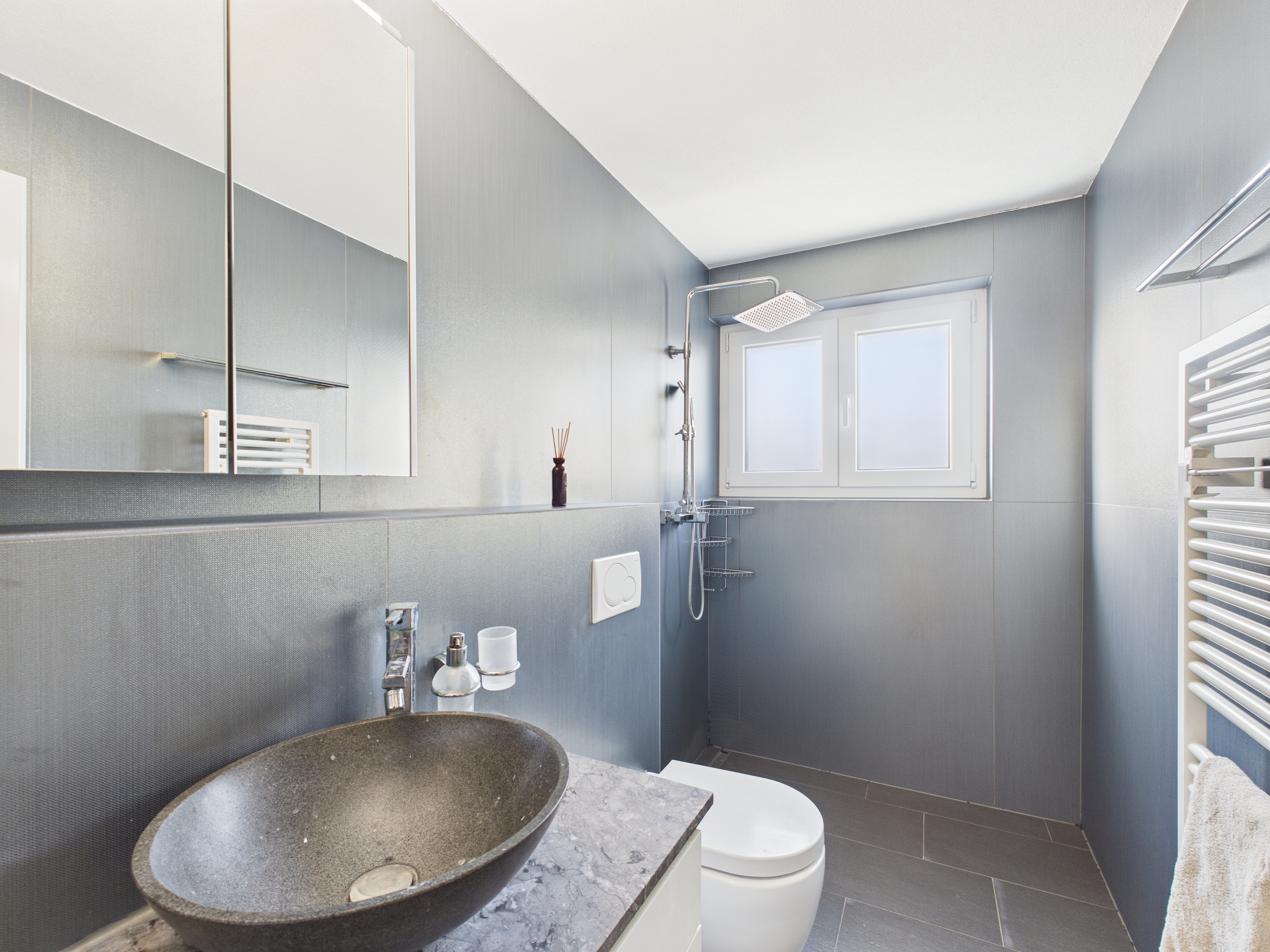 Modernes Bad mit Dusche und Waschtisch