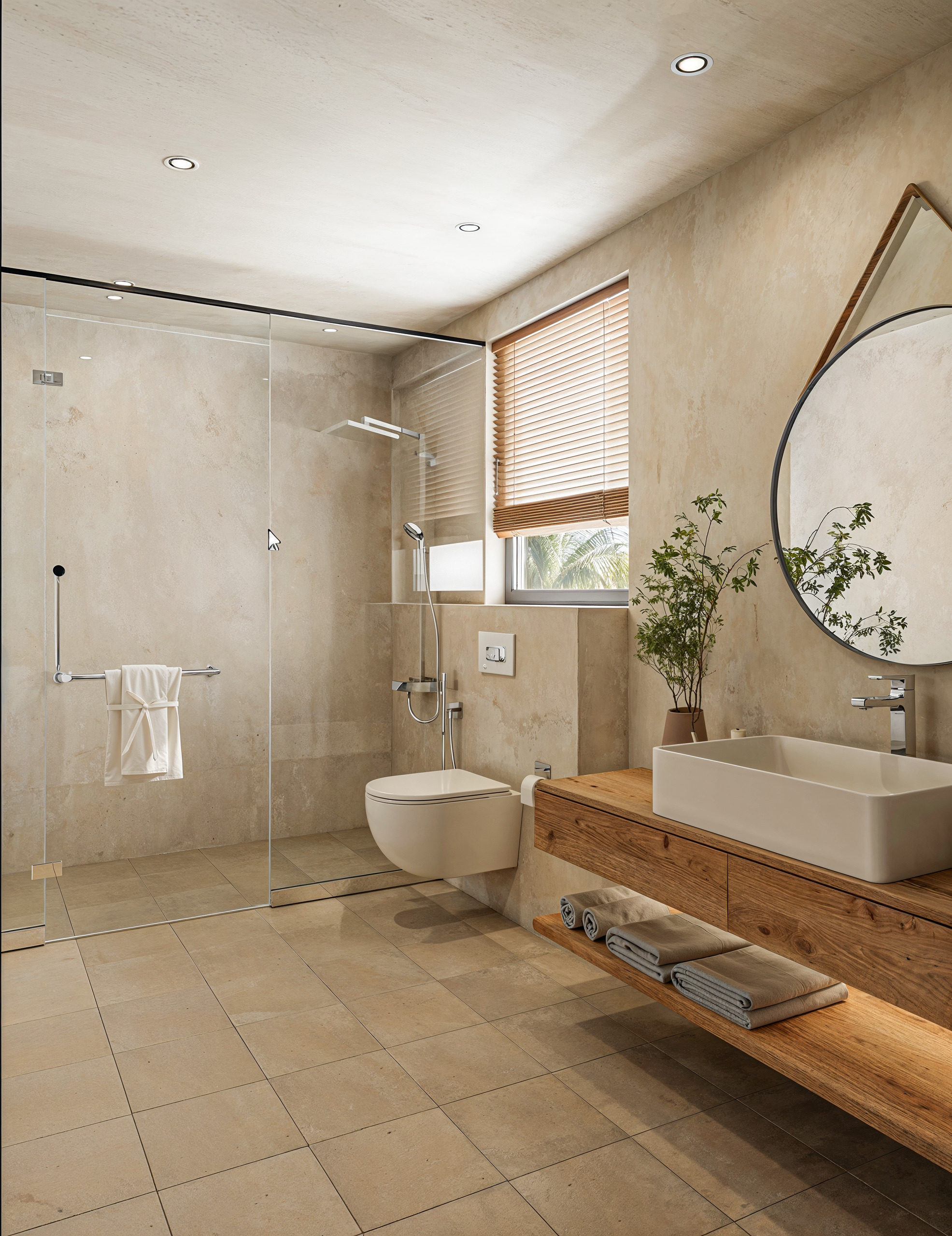 Modernes Badezimmer mit begehbarer Dusche und Holzwaschtisch