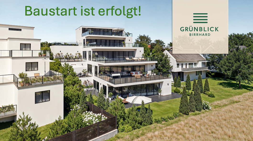Modernes Wohnensemble im Grünen mit Werbebanner