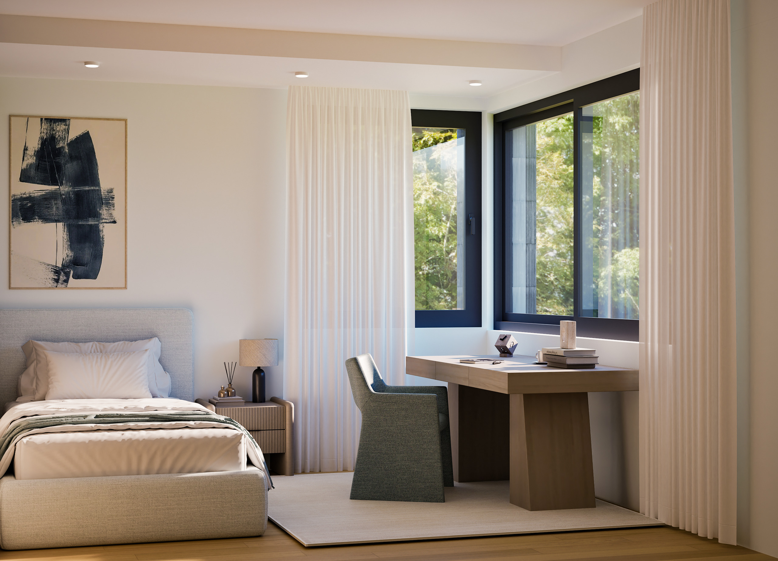 Helles Schlafzimmer mit Arbeitsbereich
