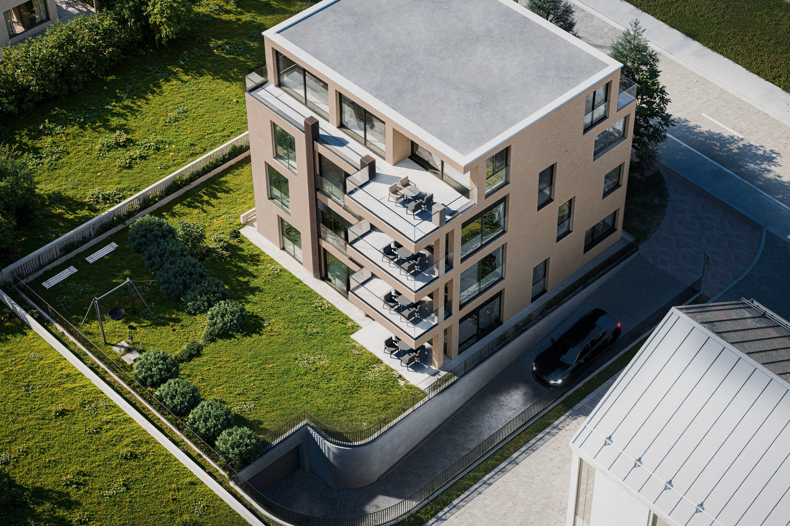 Moderne Außenansicht eines Mehrfamilienhauses mit Dachterrassen