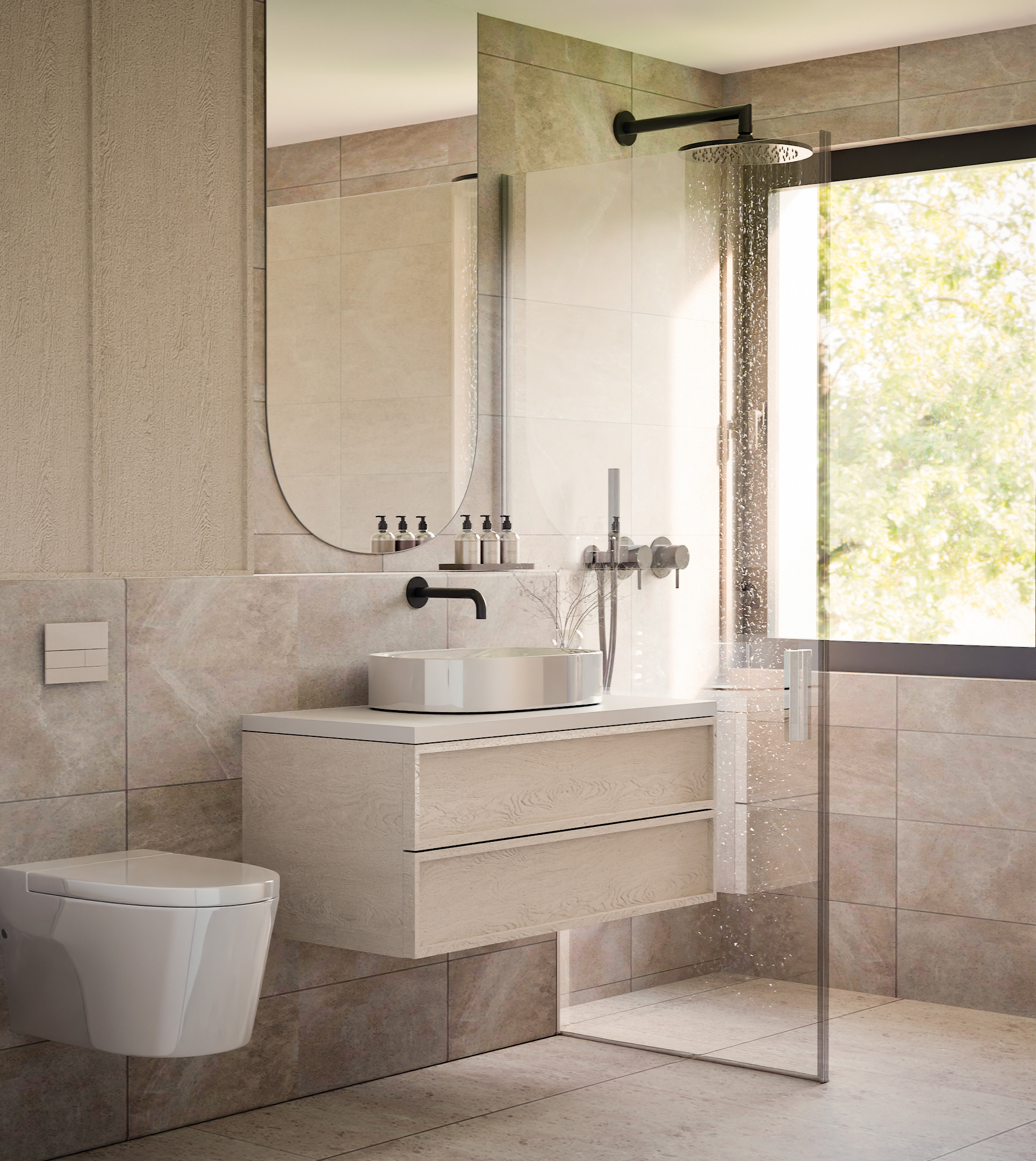Modernes Badezimmer mit Walk-in-Dusche und Natursteinoptik