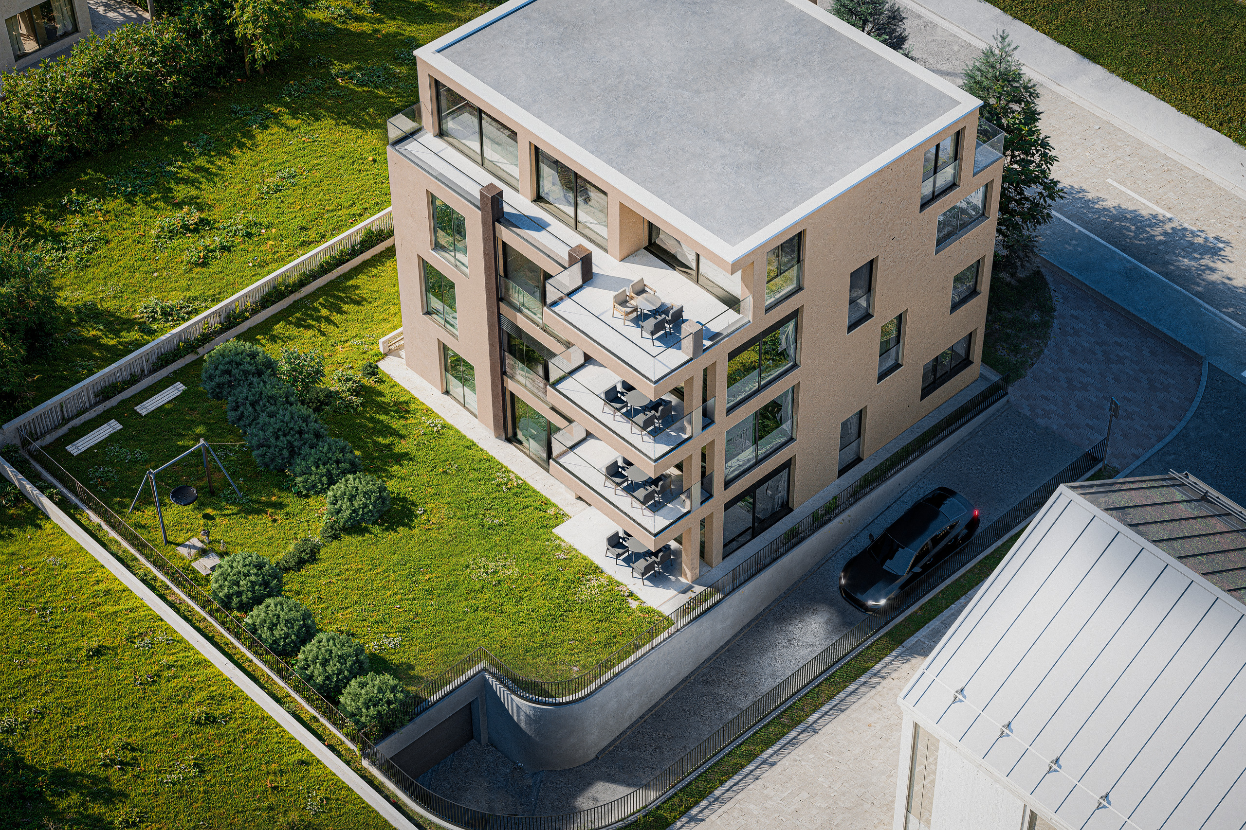 Moderne Luftaufnahme eines Mehrfamilienhauses mit Dachterrassen
