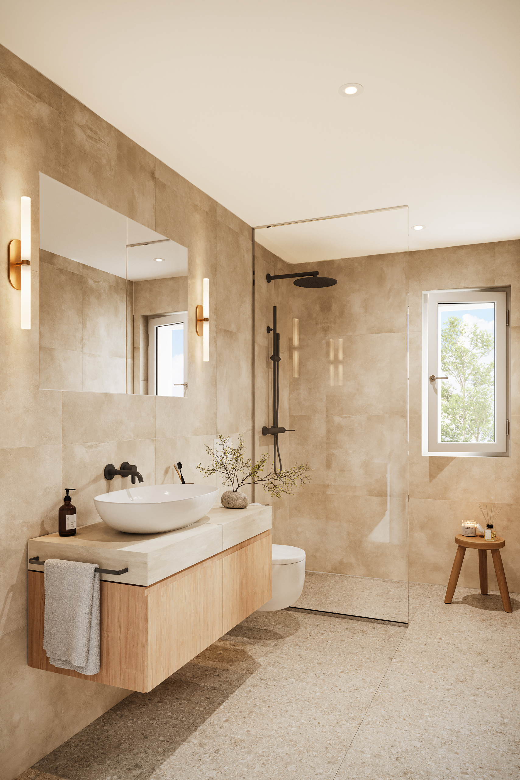 Modernes Badezimmer mit Naturtönen und Walk-in-Dusche