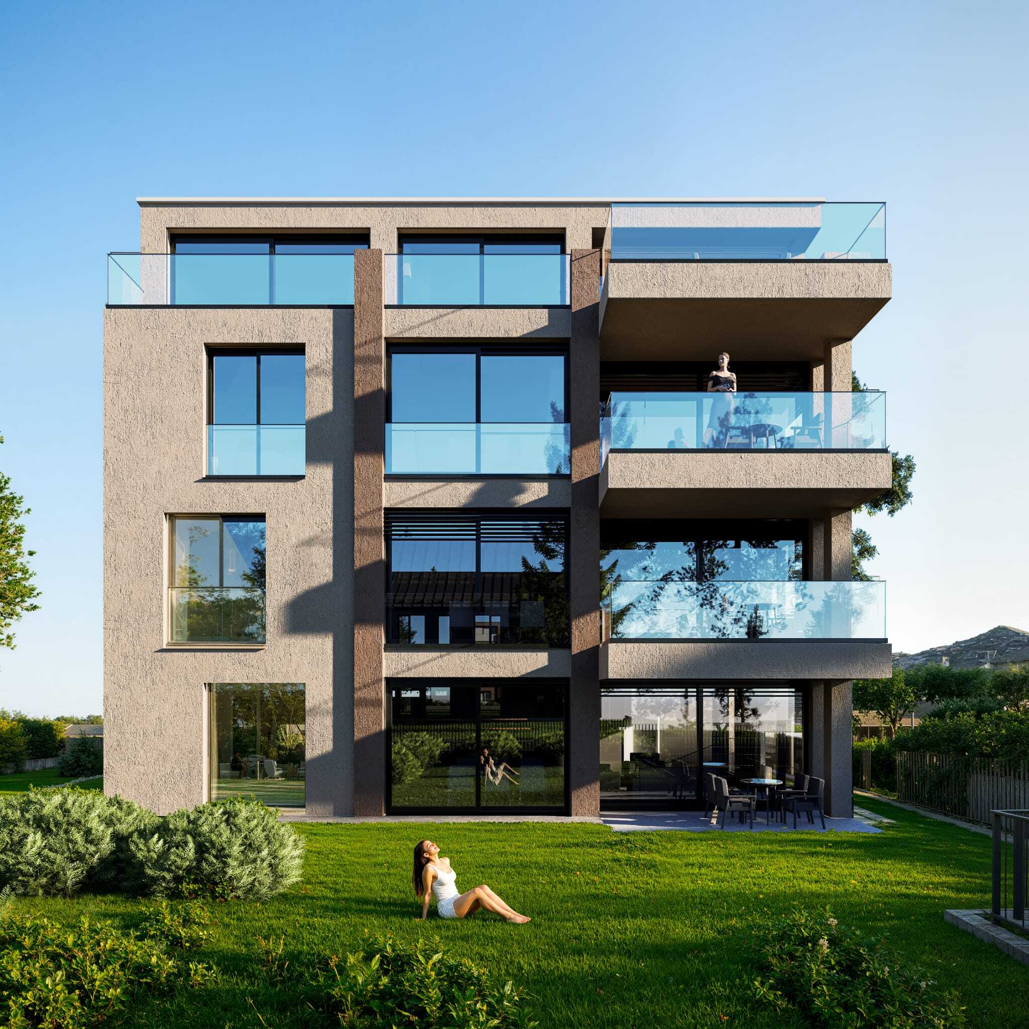 Modernes Mehrfamilienhaus mit Balkonen und Garten