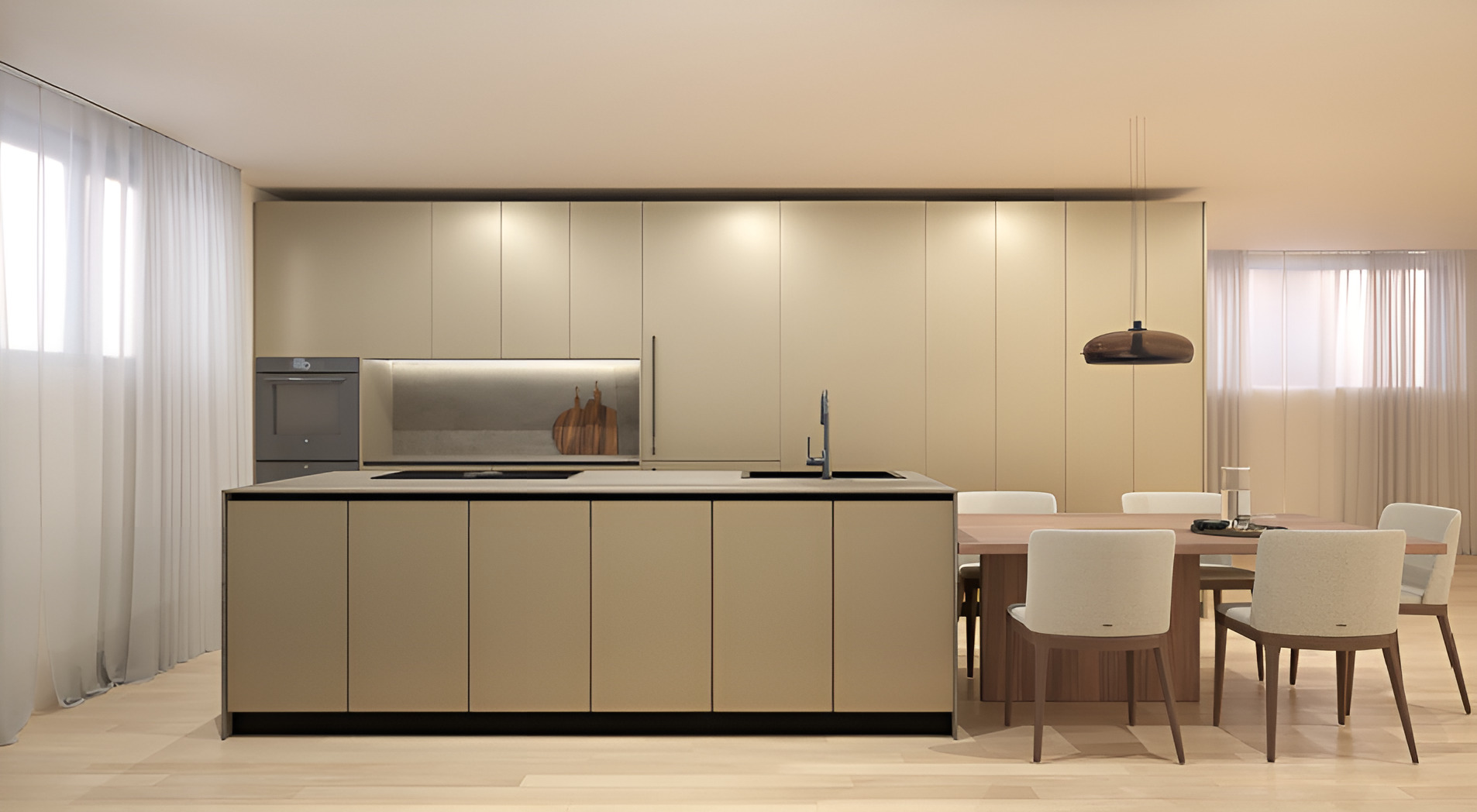 Offene, minimalistische Wohnküche mit Essbereich