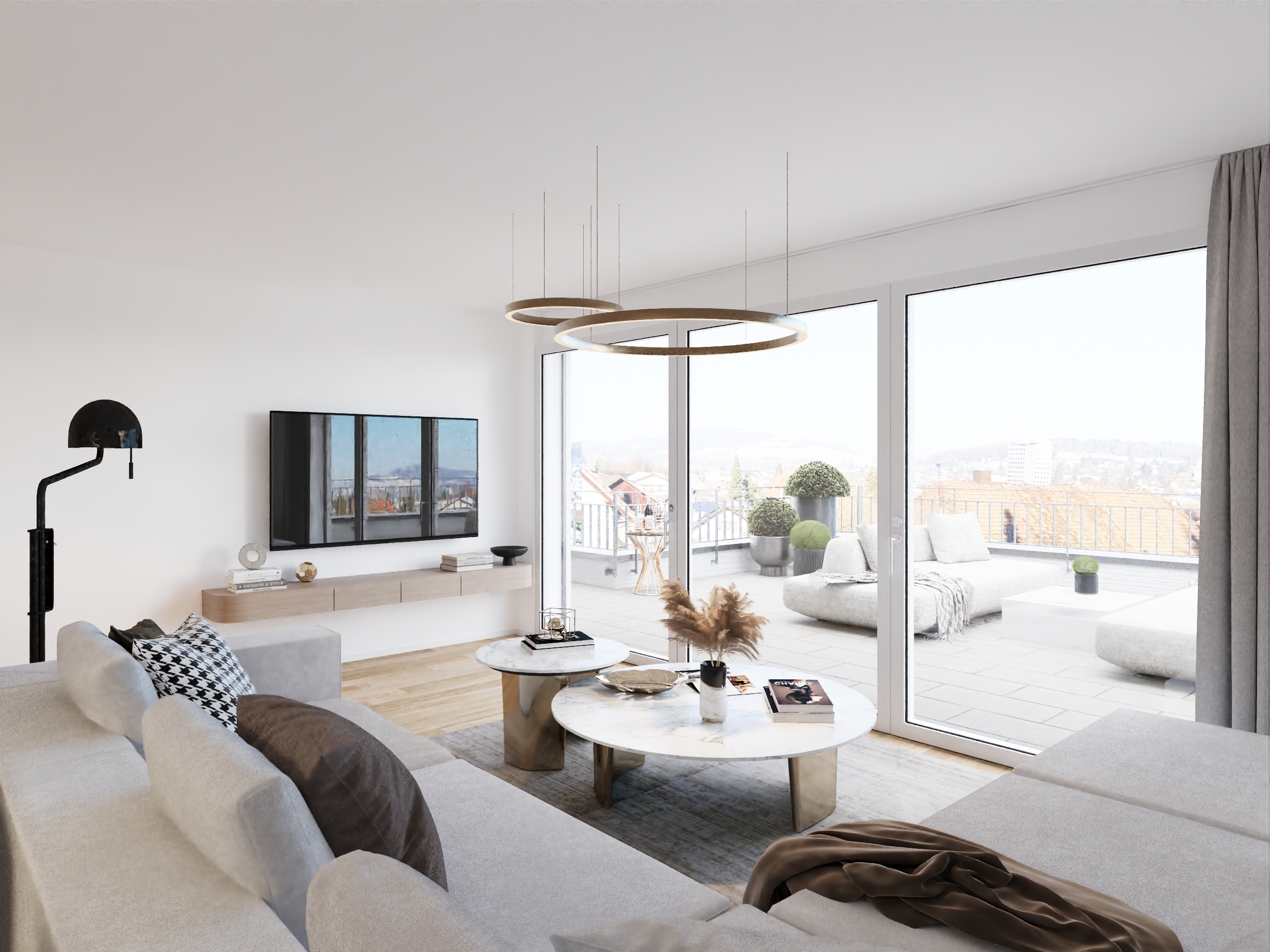 Helles, modernes Wohnzimmer mit Terrasse