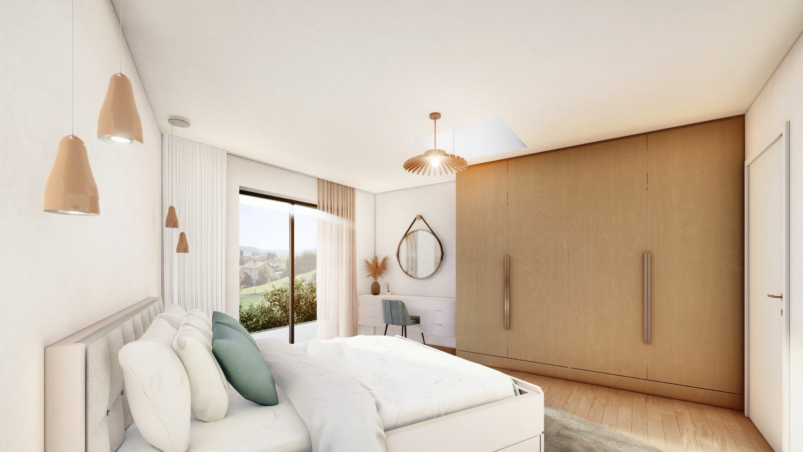 Helles Schlafzimmer mit großem Einbauschrank