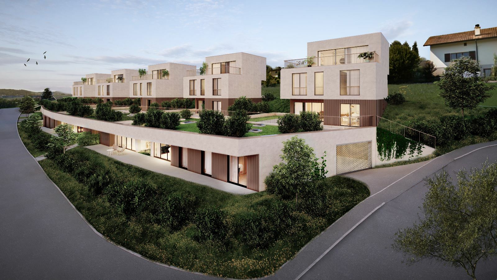 Moderne Wohnanlage mit Terrassen und Gärten