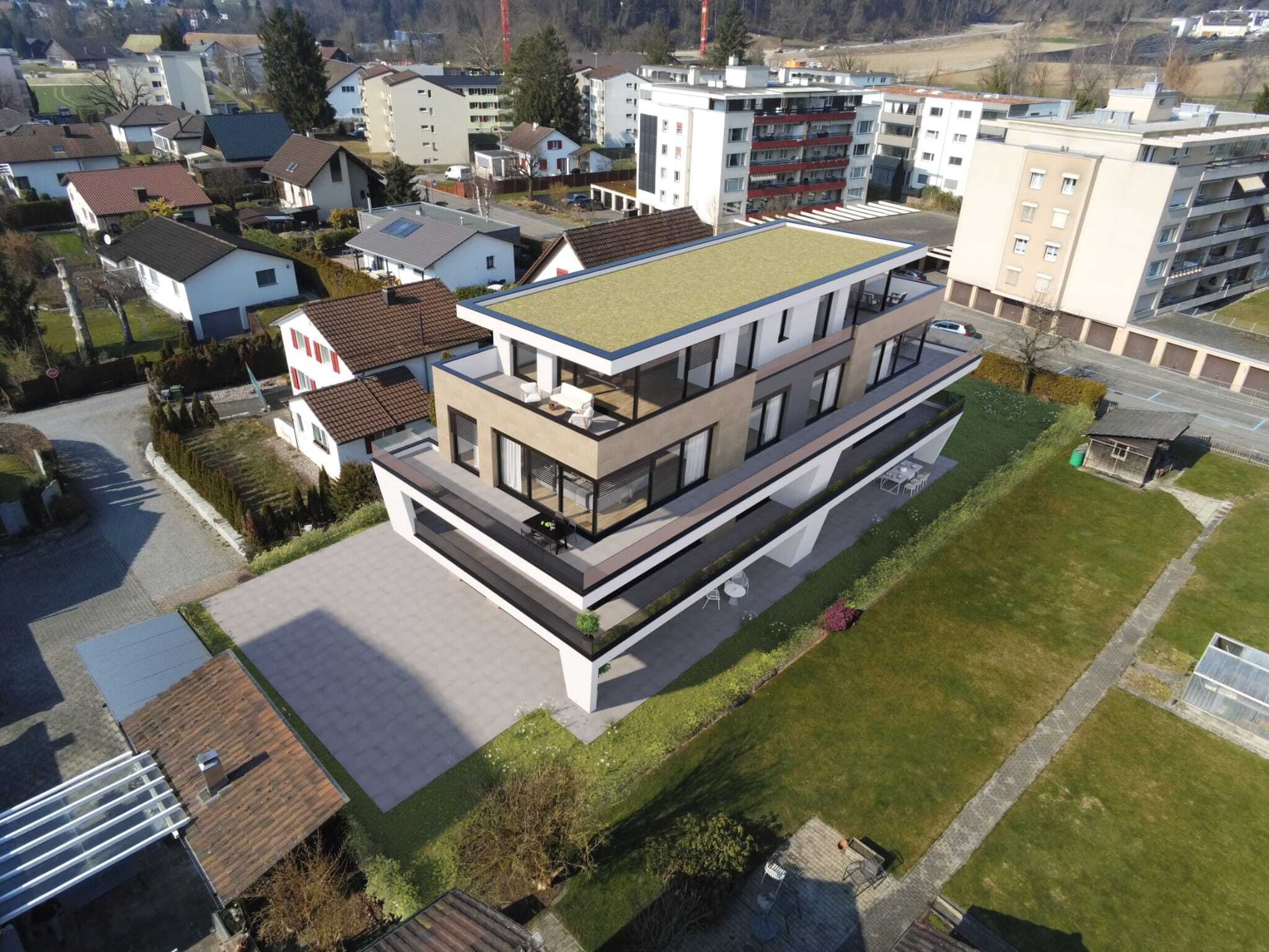 Moderne Mehrfamilienhaus-Ansicht aus der Luft