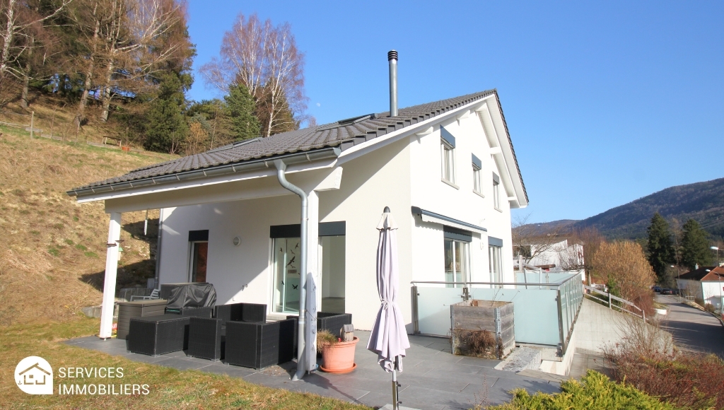 Moderne Einfamilienhaus-Ansicht mit Terrasse und Bergkulisse