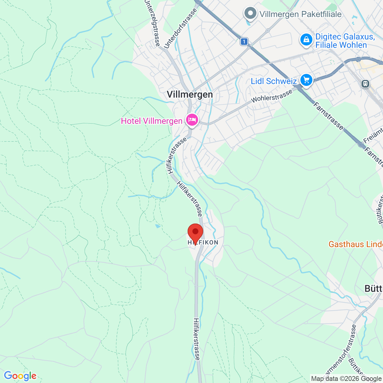 Kartenausschnitt mit markiertem Standort bei Hilfikon