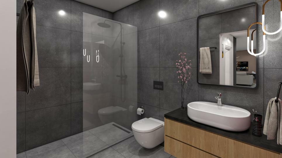 Modernes Badezimmer mit Walk-in-Dusche und Waschtisch