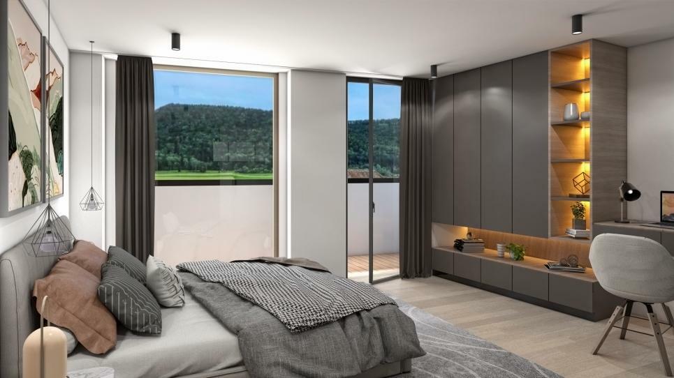 Modernes Schlafzimmer mit Bergblick