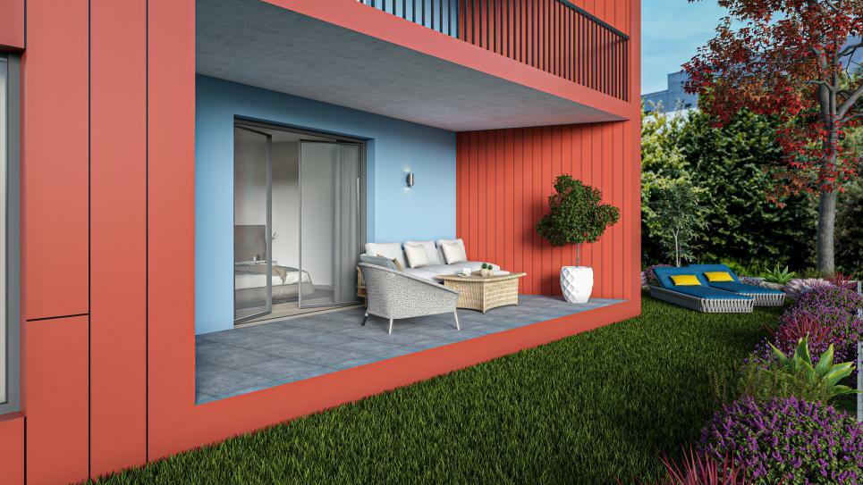 Moderne Terrasse mit Gartenblick