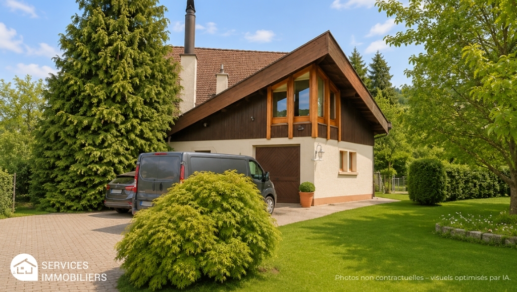 Außenansicht eines Hauses mit Garten und Zufahrt