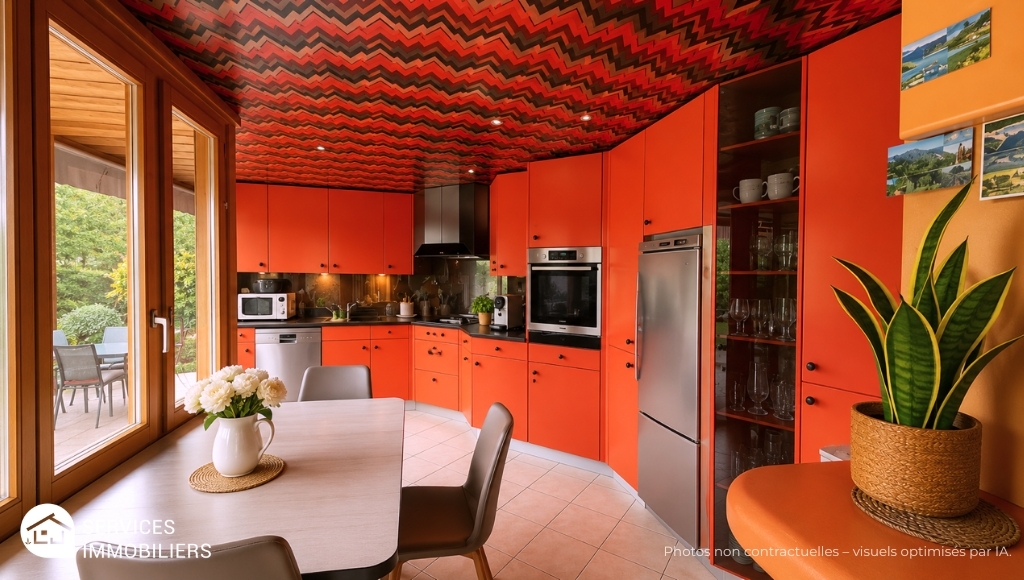 Bunte Küche mit Terrassenausblick