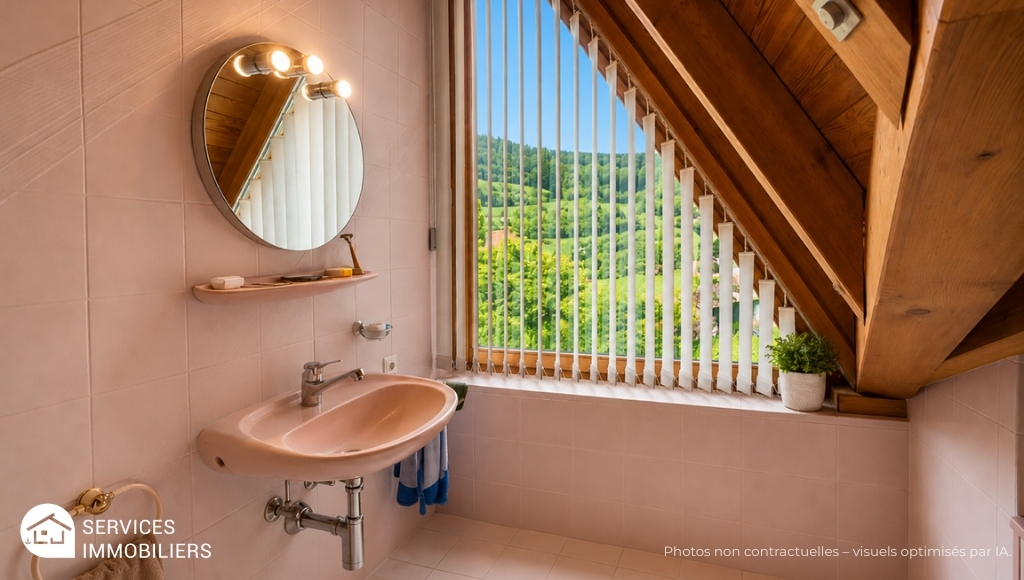Badezimmer mit Dachschräge und Fensterblick