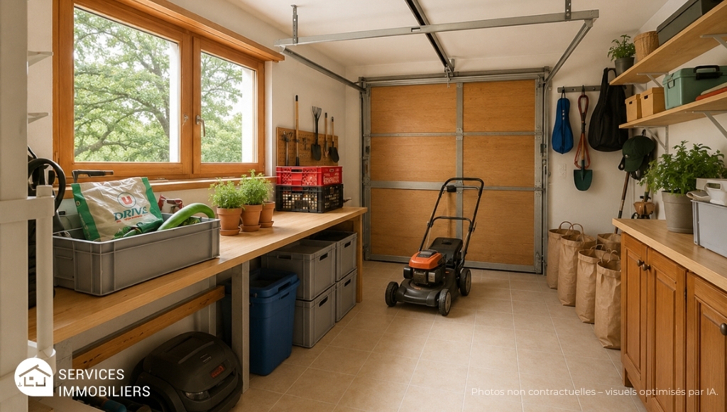 Aufgeräumte Garage mit Werkbank und Gartenzubehör