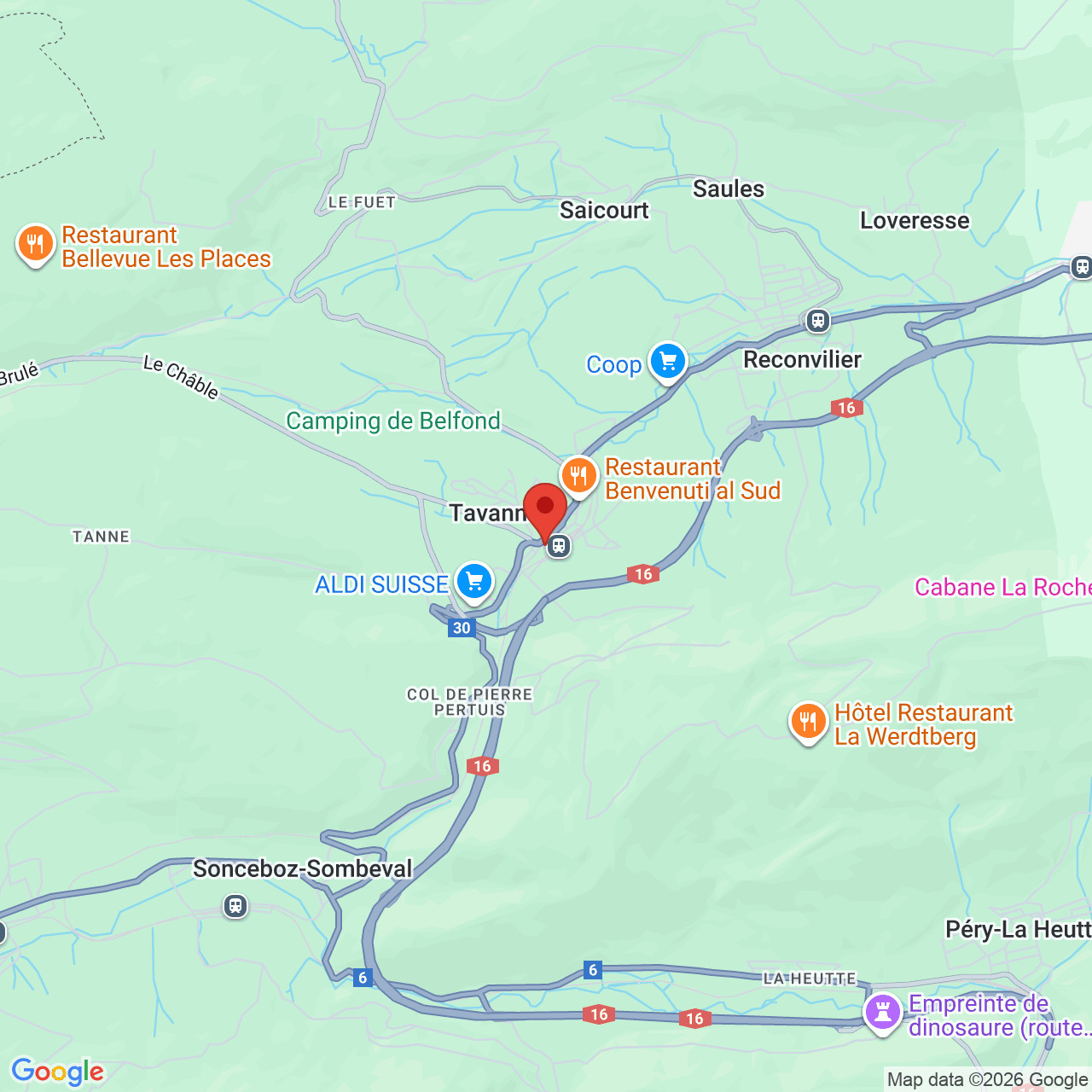 Kartenansicht einer ländlich-bergigen Region mit Ortsmarkierung bei Tavannes