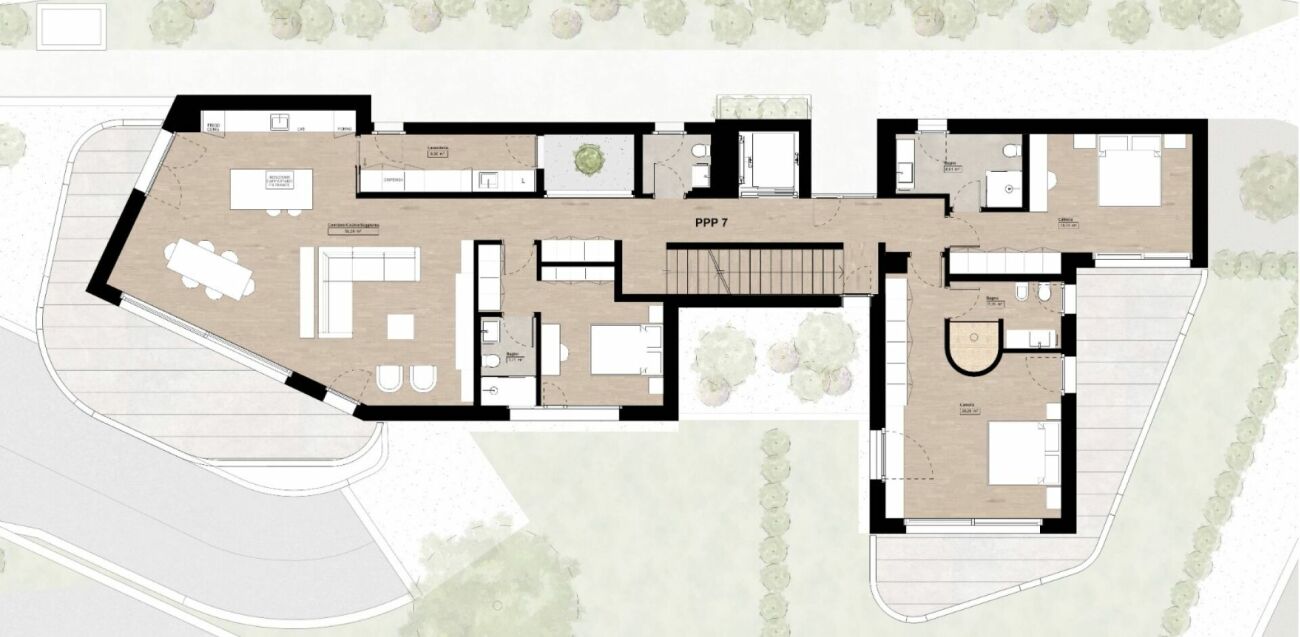 Grundriss eines großzügigen Wohnhauses mit Terrasse und mehreren Schlaf- und Sanitärräumen