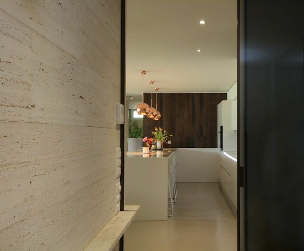 Moderne Küche mit dunkler Holzrückwand
