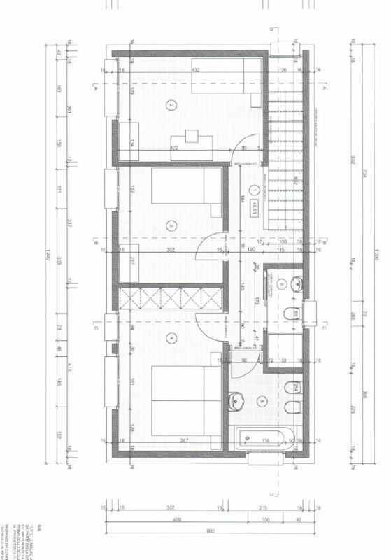 Grundriss eines mehrgeschossigen Bereichs mit Schlafzimmern, Flur und Bad