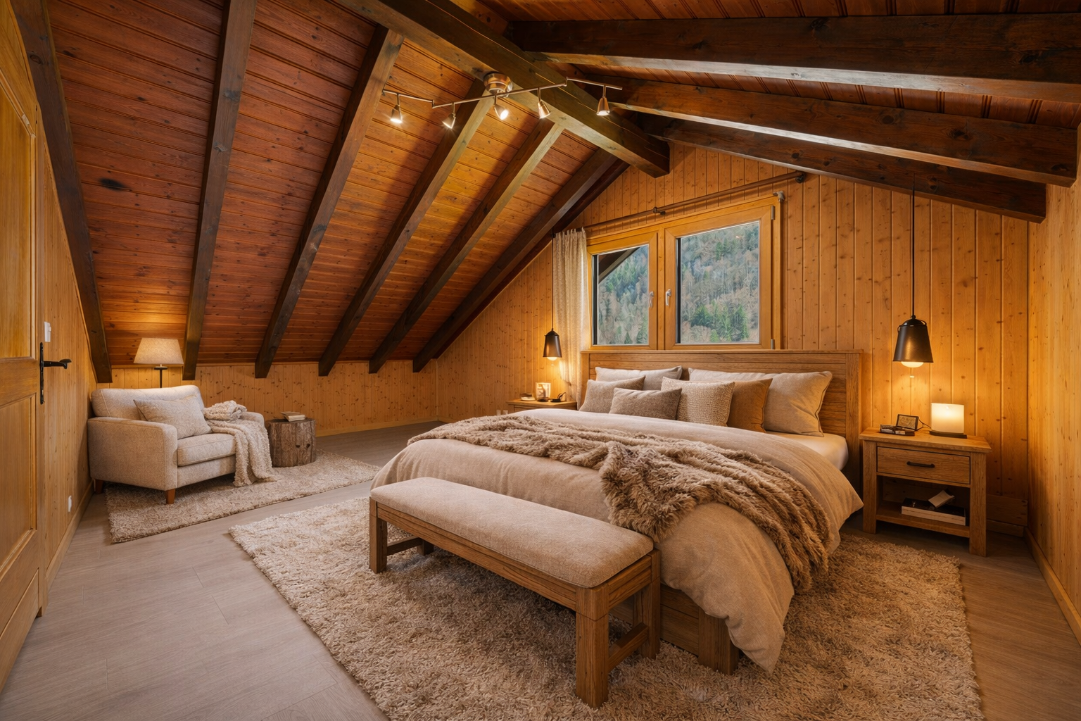Gemütliches Dachgeschoss-Schlafzimmer mit Holzverkleidung