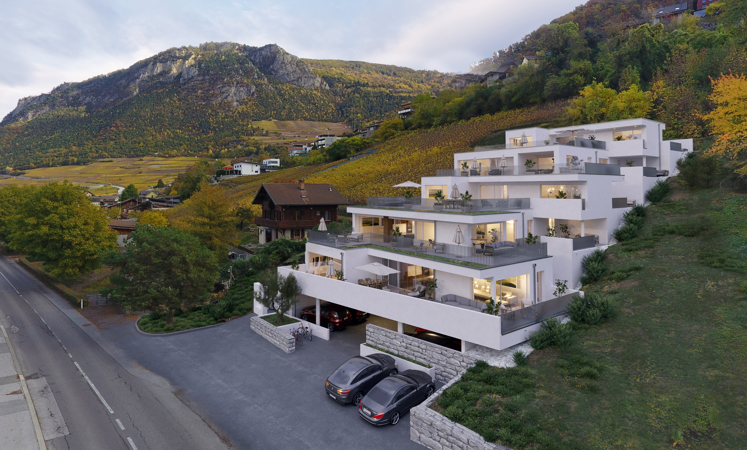 Luxuriöses Terrassenhaus im Hanglage-Außenblick