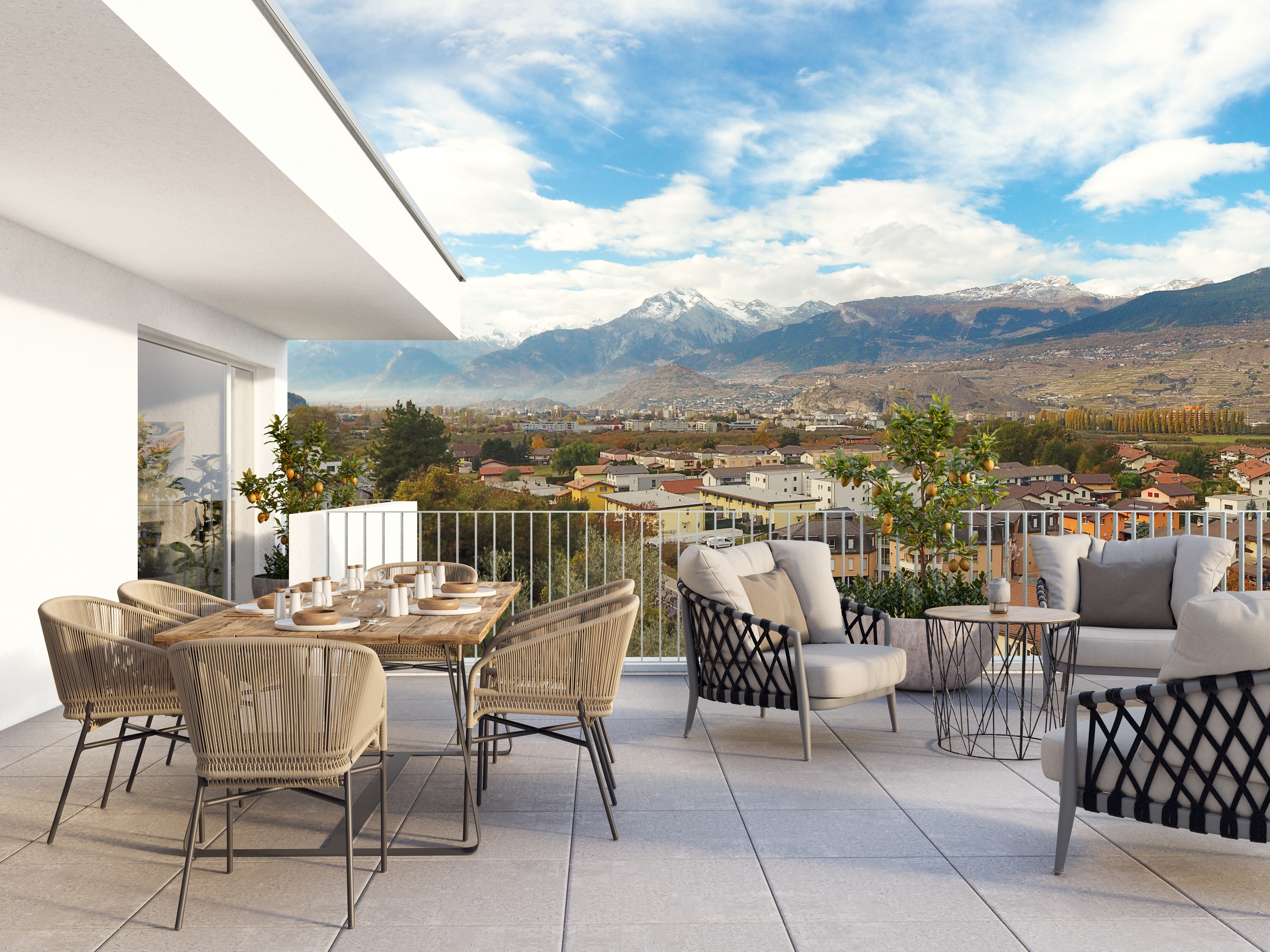 Moderne Terrasse mit Bergpanorama