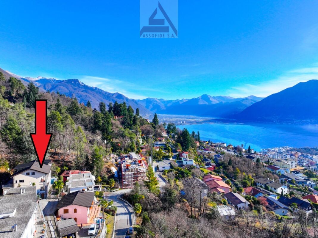 Luftaufnahme einer Berglandschaft mit See und Wohnsiedlung