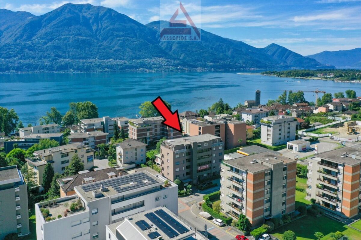 Luftaufnahme eines Wohnquartiers am See mit Bergen im Hintergrund