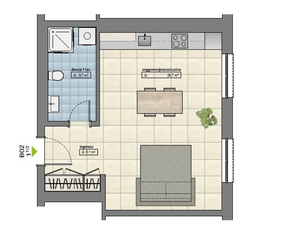 Grundriss einer kompakten Wohnung mit Wohn-Ess-Küchenbereich und Dusche/WC