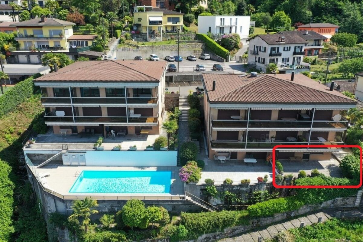 Luftaufnahme einer Wohnanlage mit Pool
