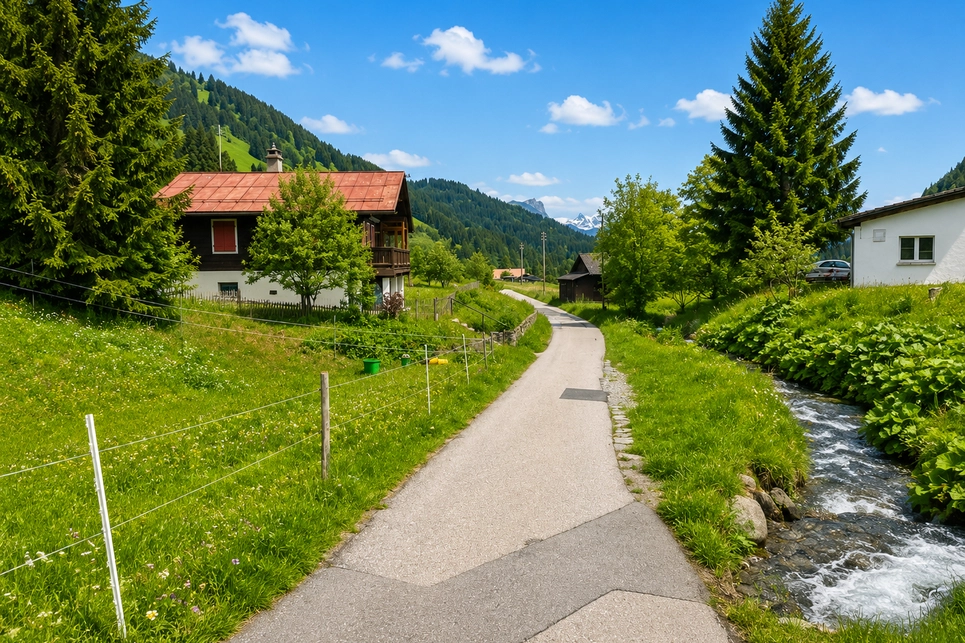 Alpenlandschaft mit Landhaus und Weg
