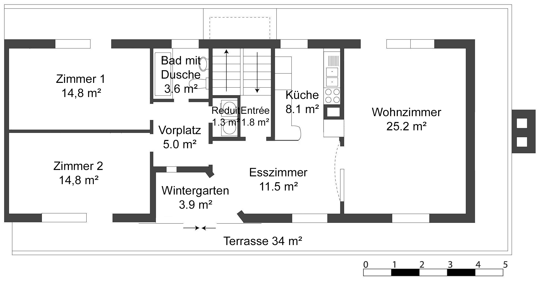 Grundriss einer Wohnung mit Terrasse und Wintergarten