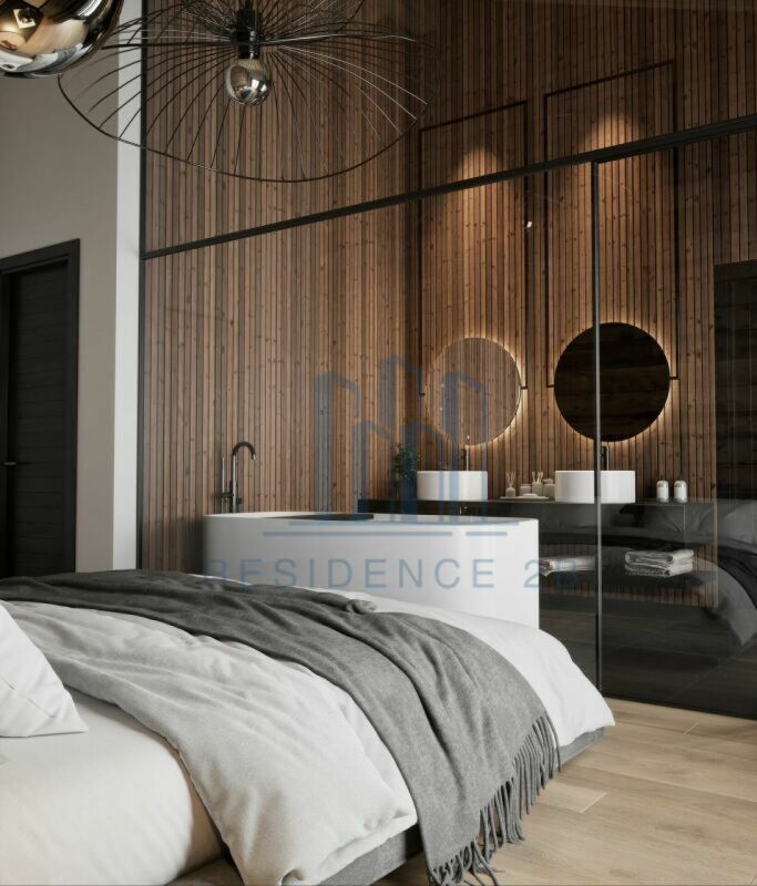 Modernes Schlafzimmer mit freistehendem Waschtisch