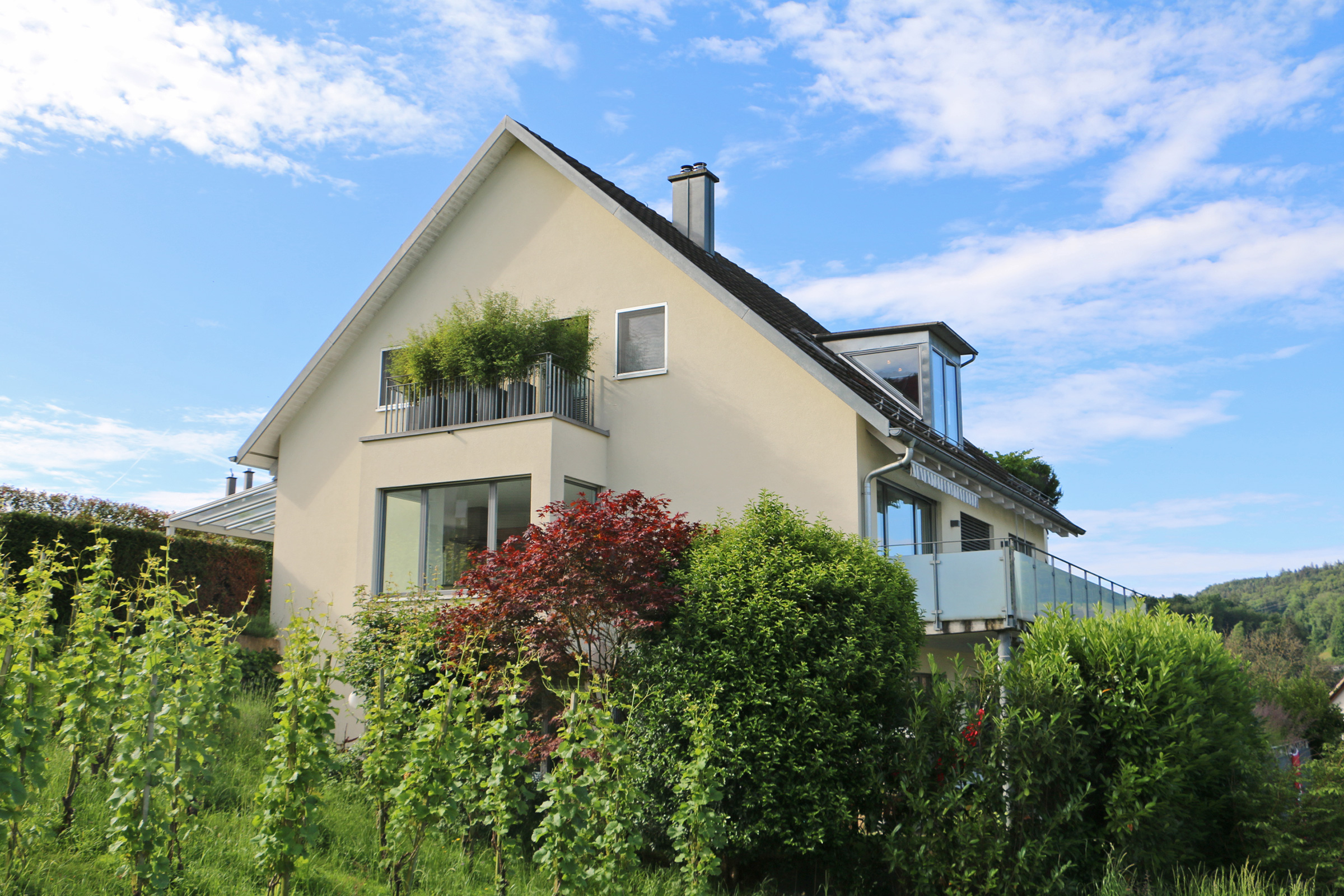 Außenansicht eines modernen Einfamilienhauses mit Satteldach