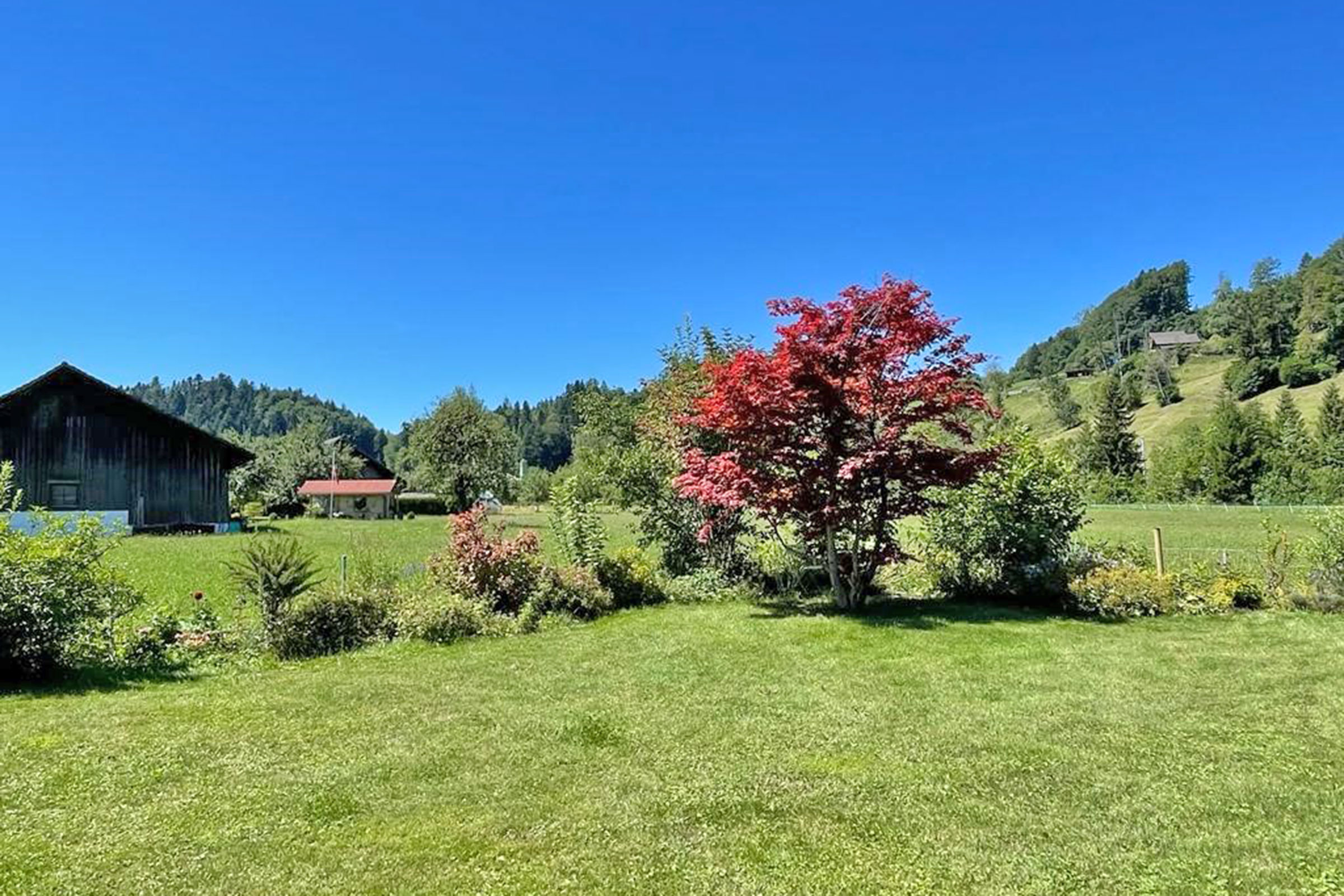 Landschaft mit Garten und Alpenblick
