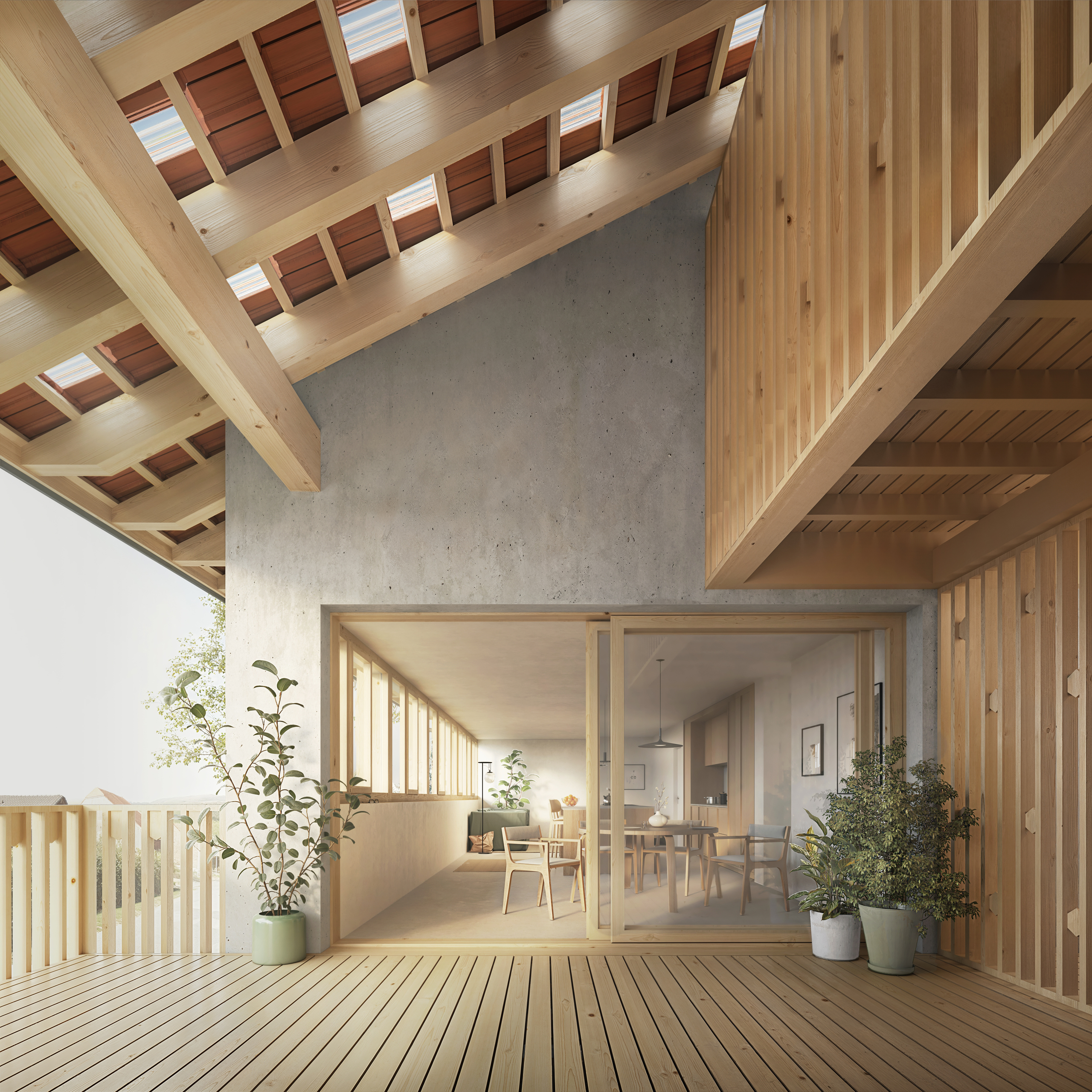 Überdachte Holzterrasse mit Blick ins helle Wohn-Esszimmer