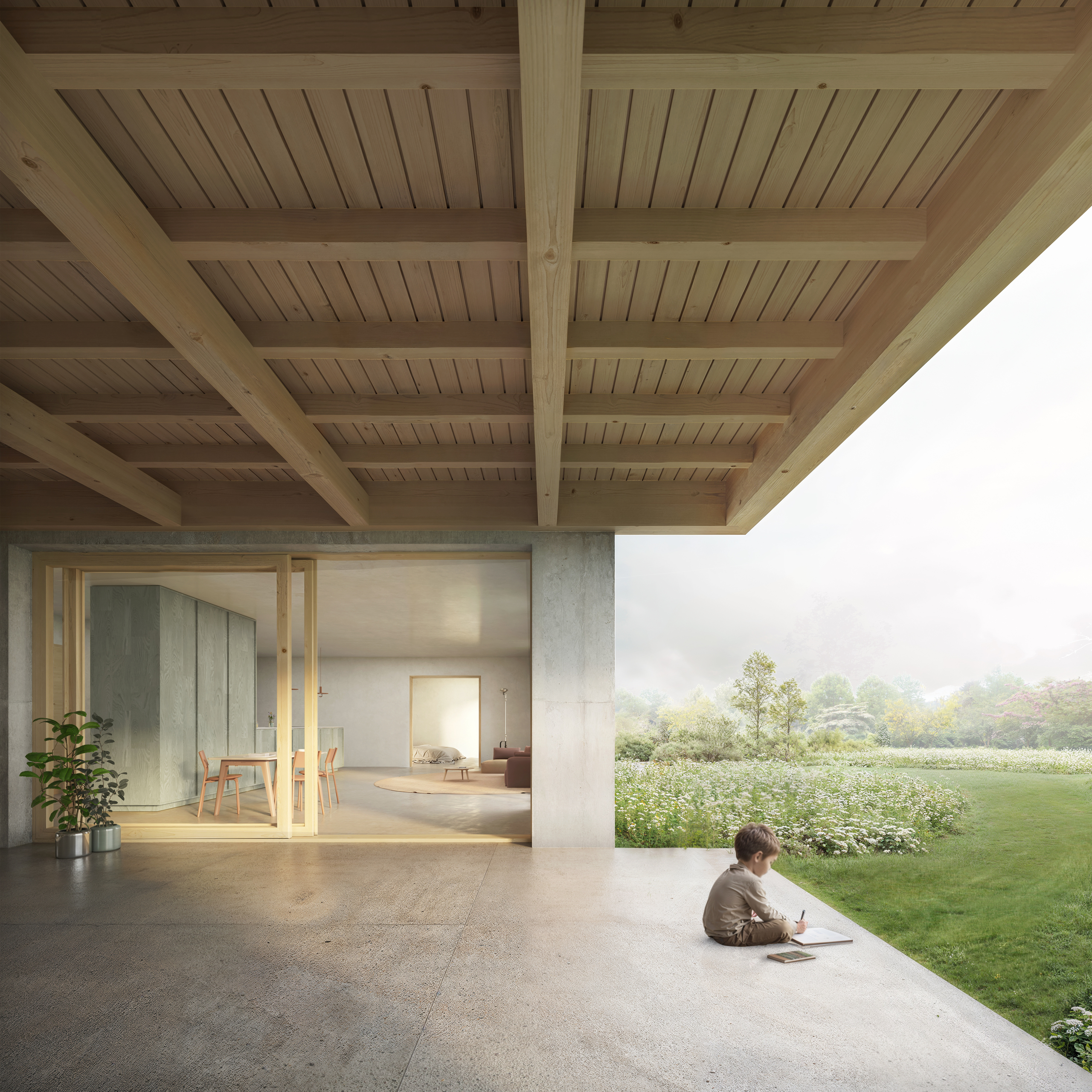 Überdachte Terrasse mit Blick in den Garten
