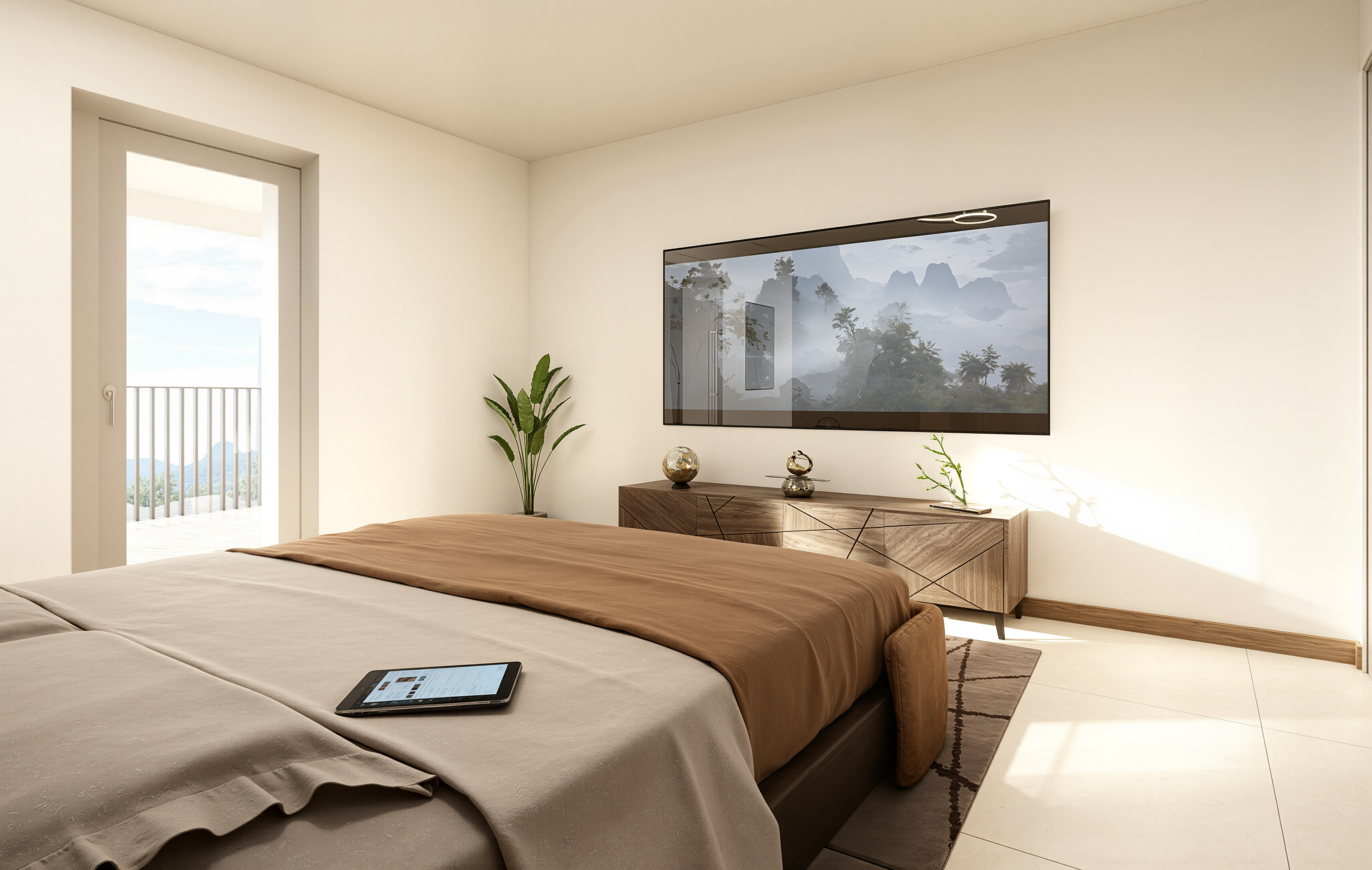 Modernes Schlafzimmer mit Balkonblick
